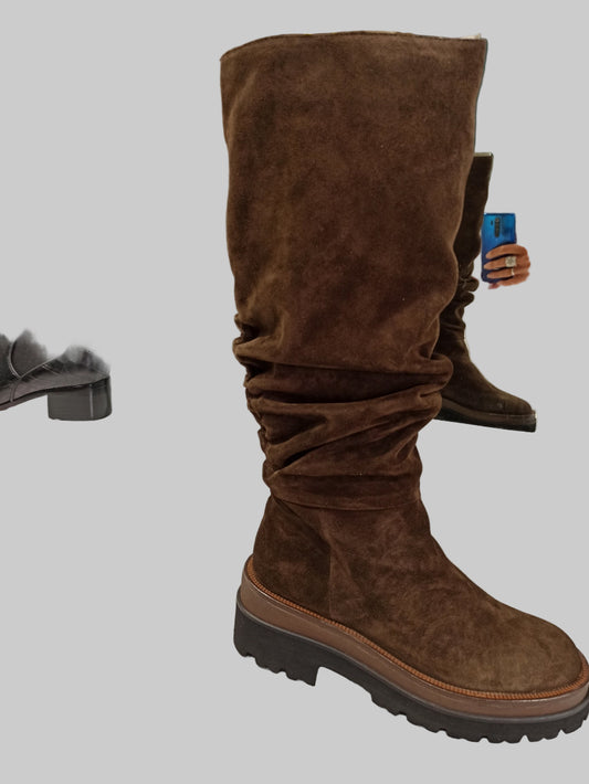 bruno premi bottes plates en cuir camocio plissées chocolat