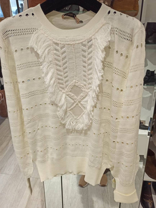 Pull twinset snow blanc en maille ajourée avec franges, composition mixte confortable