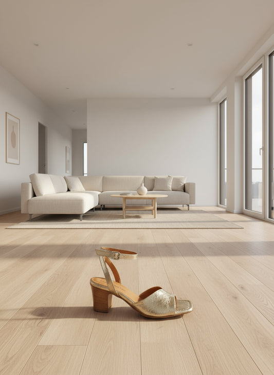 sandale à talon en cuir doré plissé extrèmement souple bride cheville