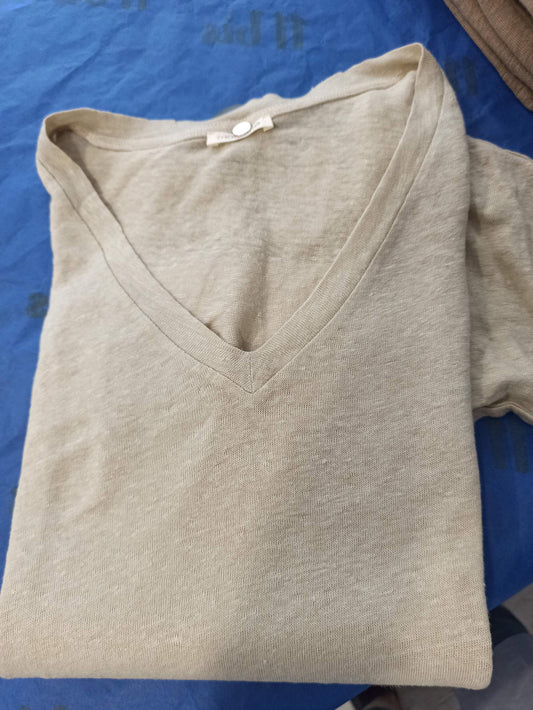mayjune t-shirt col V manches courtes en lin beige forme ample