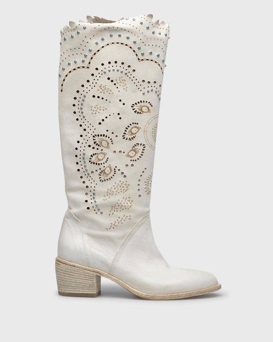 fru.it bottes été en cuir blanc off white avec perçage laser et incrustations turquoise, talon 5cm, bout rond, fabriquées en Italie